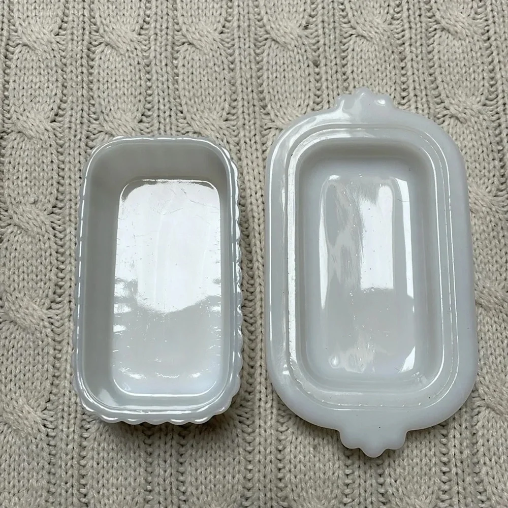 Vtg Hazel Atlas half stick butterdish w/ lid White Milk glass Ribbed MCM 1950s